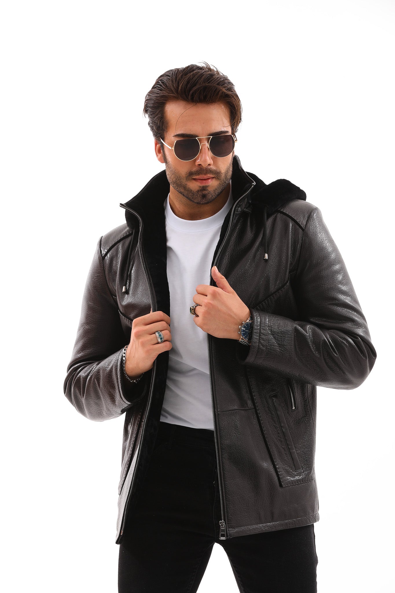 The Bergamo Black Shearling Leather Jacket - Vinci Leather