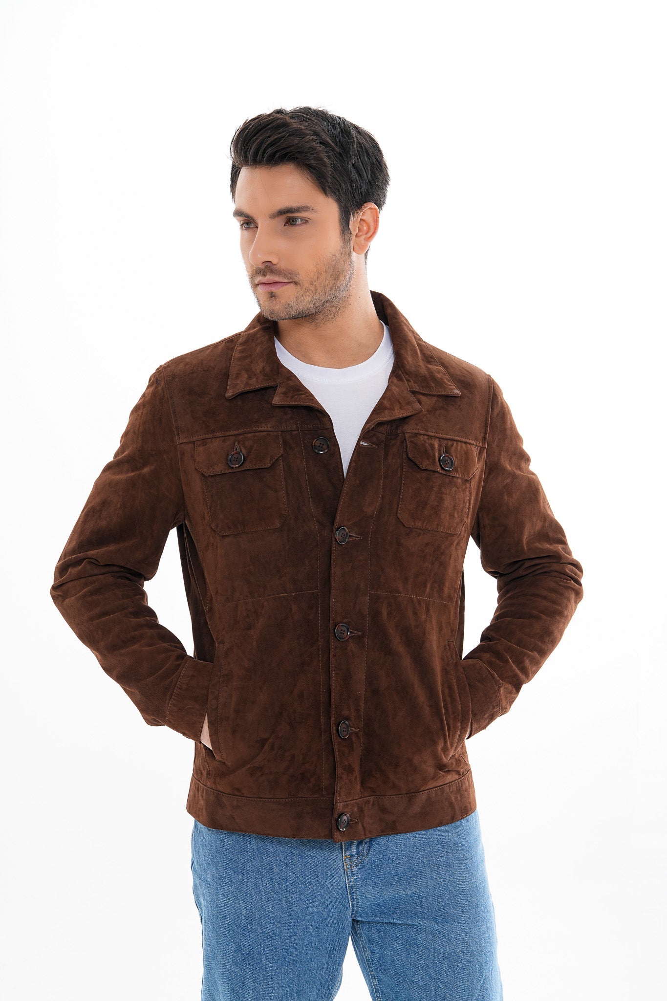 The Azzuro Suede Brown Leather Jacket - Vinci Leather