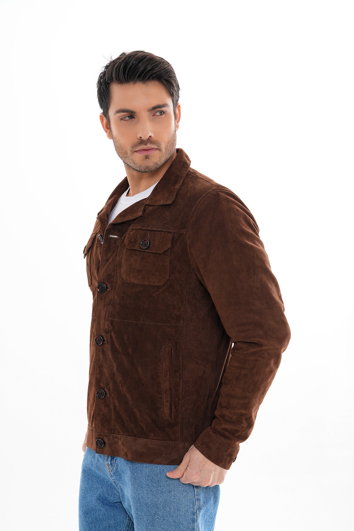 The Azzuro Suede Brown Leather Jacket - Vinci Leather