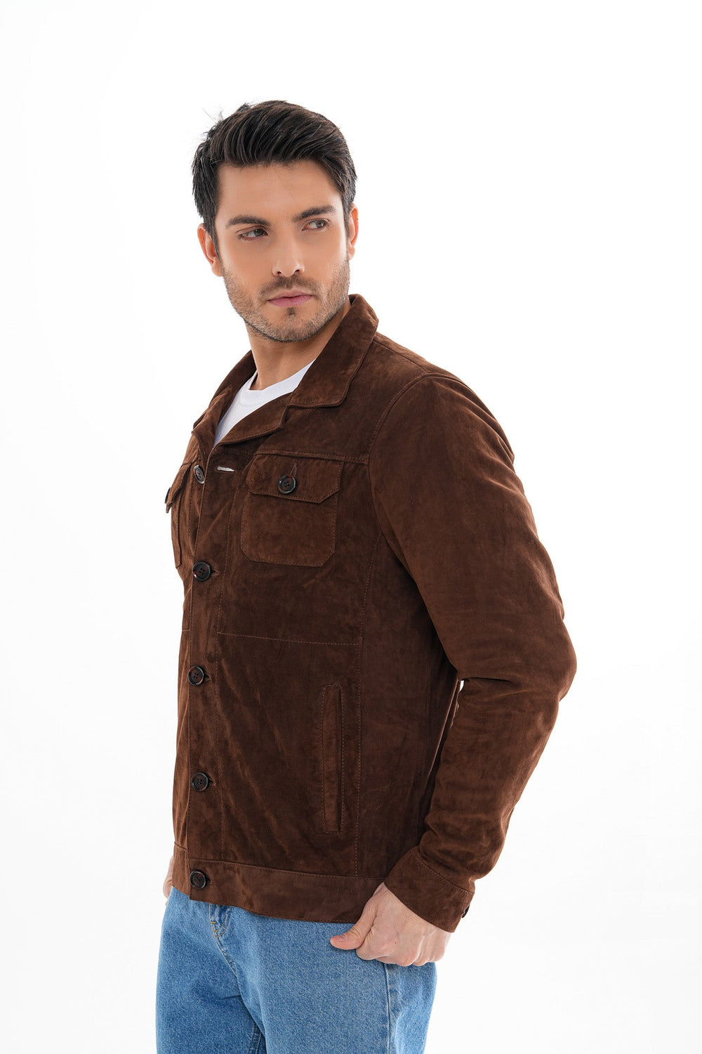The Azzuro Suede Brown Leather Jacket - Vinci Leather