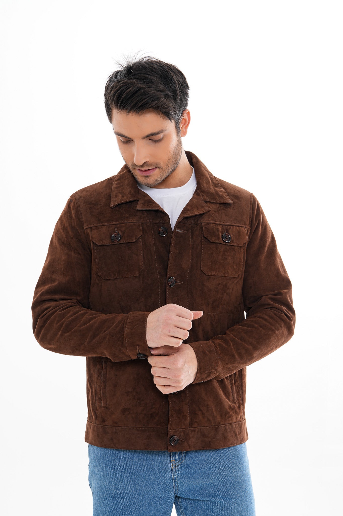 The Azzuro Suede Brown Leather Jacket - Vinci Leather