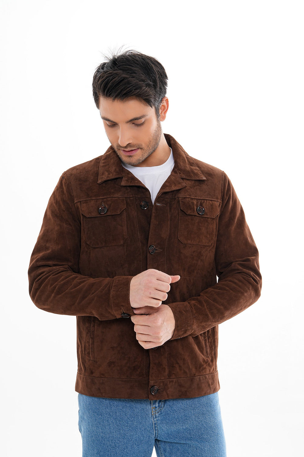The Azzuro Suede Brown Leather Jacket - Vinci Leather