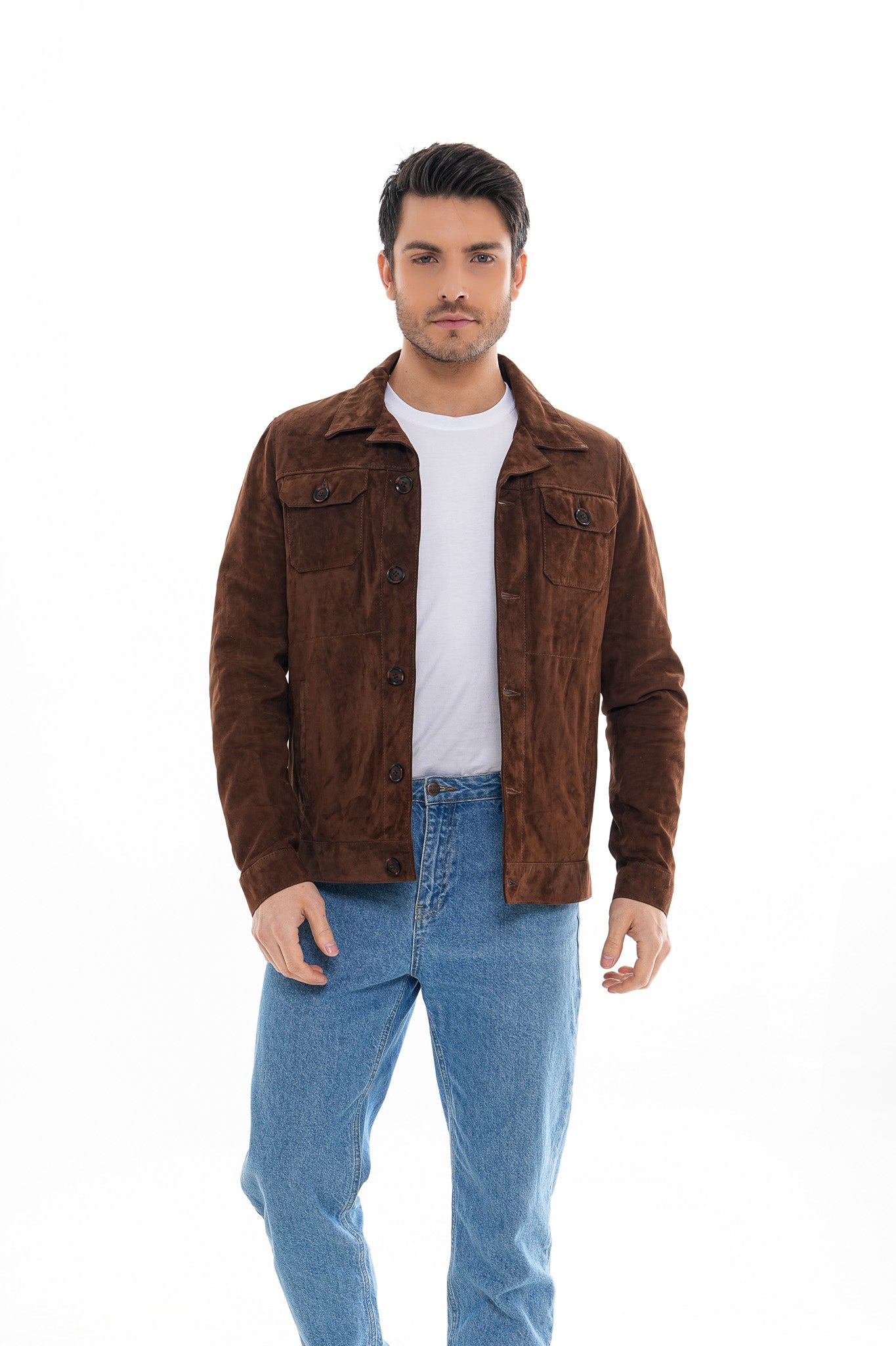 The Azzuro Suede Brown Leather Jacket - Vinci Leather