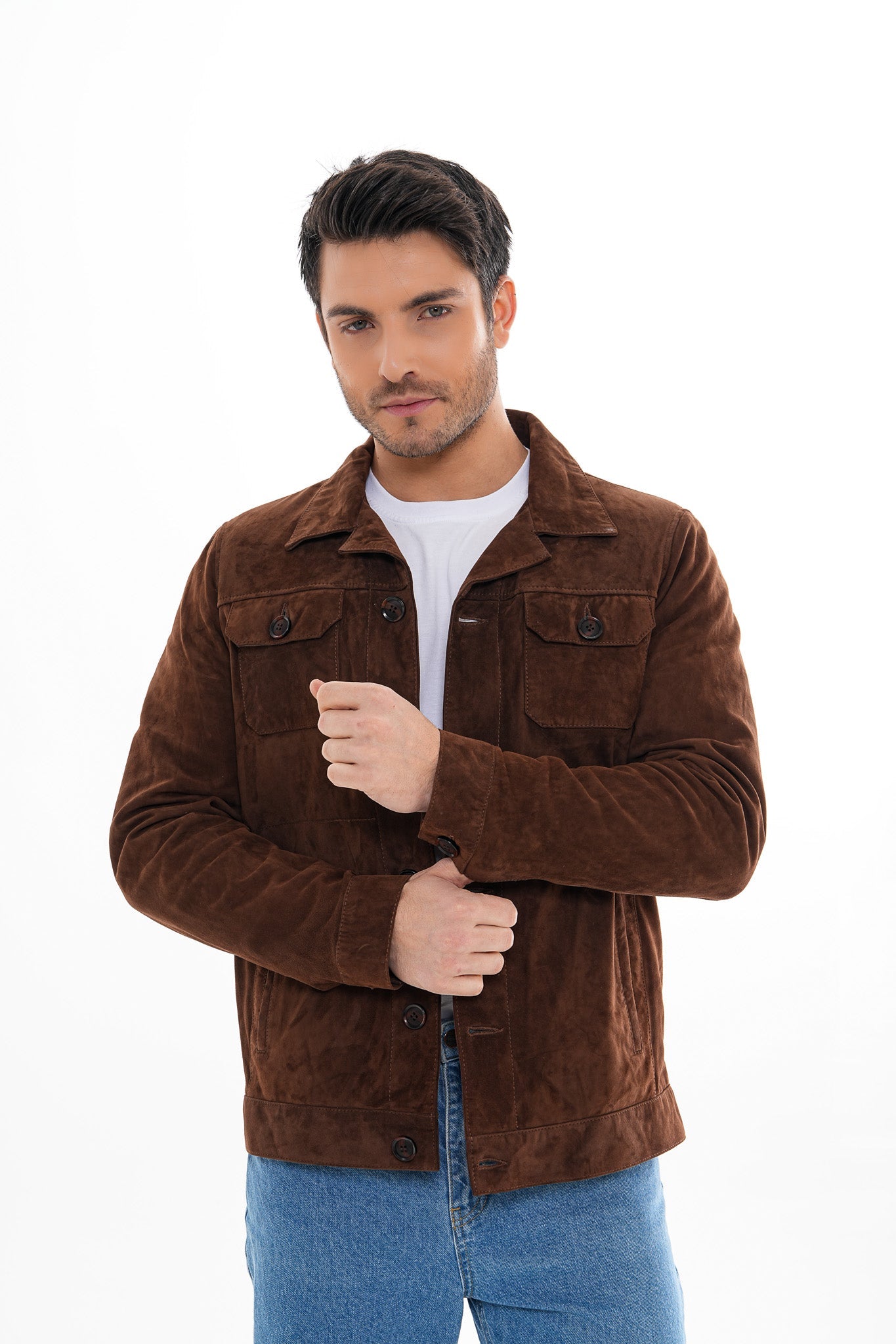 The Azzuro Suede Brown Leather Jacket - Vinci Leather