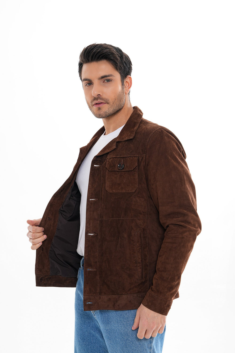 The Azzuro Suede Brown Leather Jacket - Vinci Leather