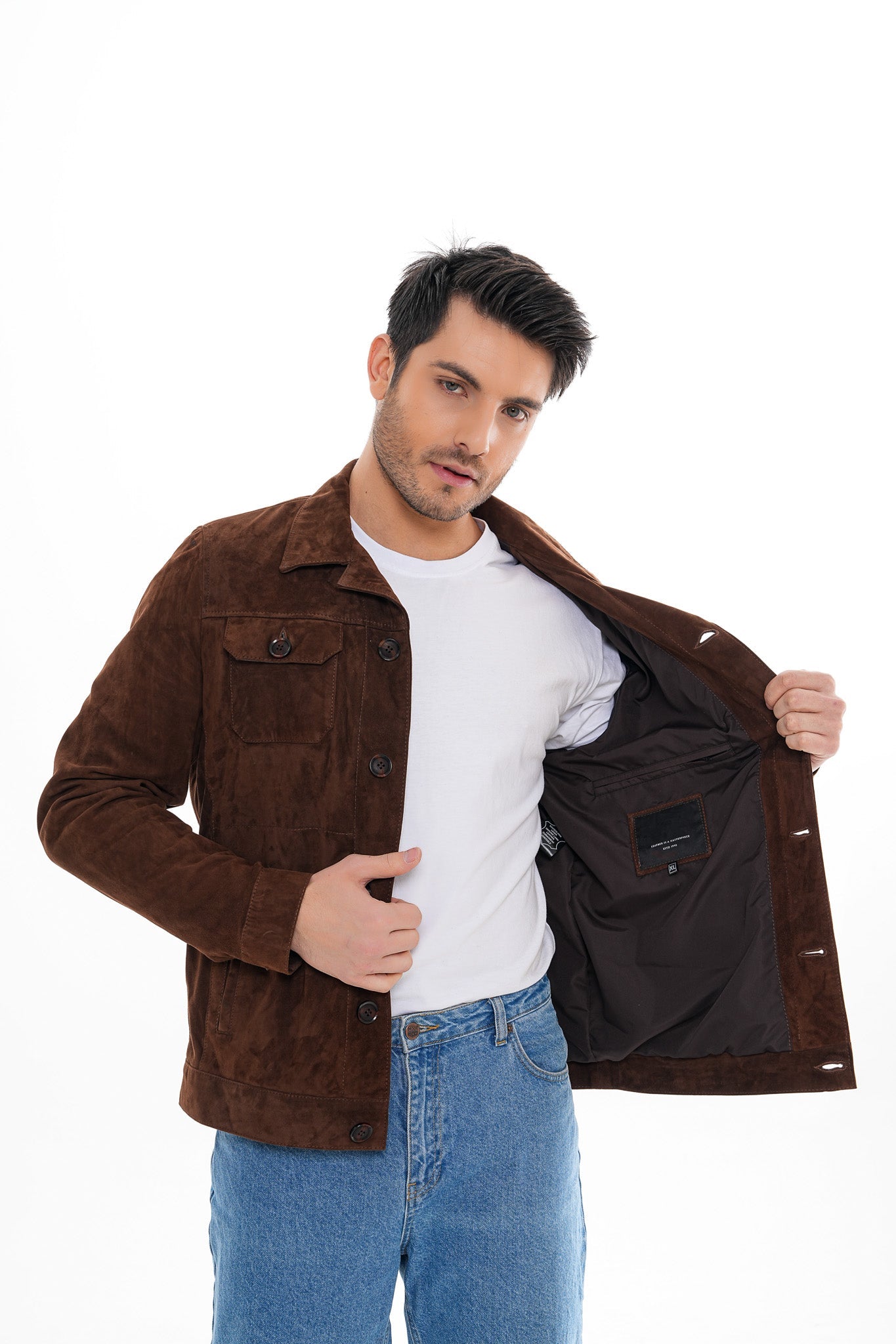 The Azzuro Suede Brown Leather Jacket - Vinci Leather