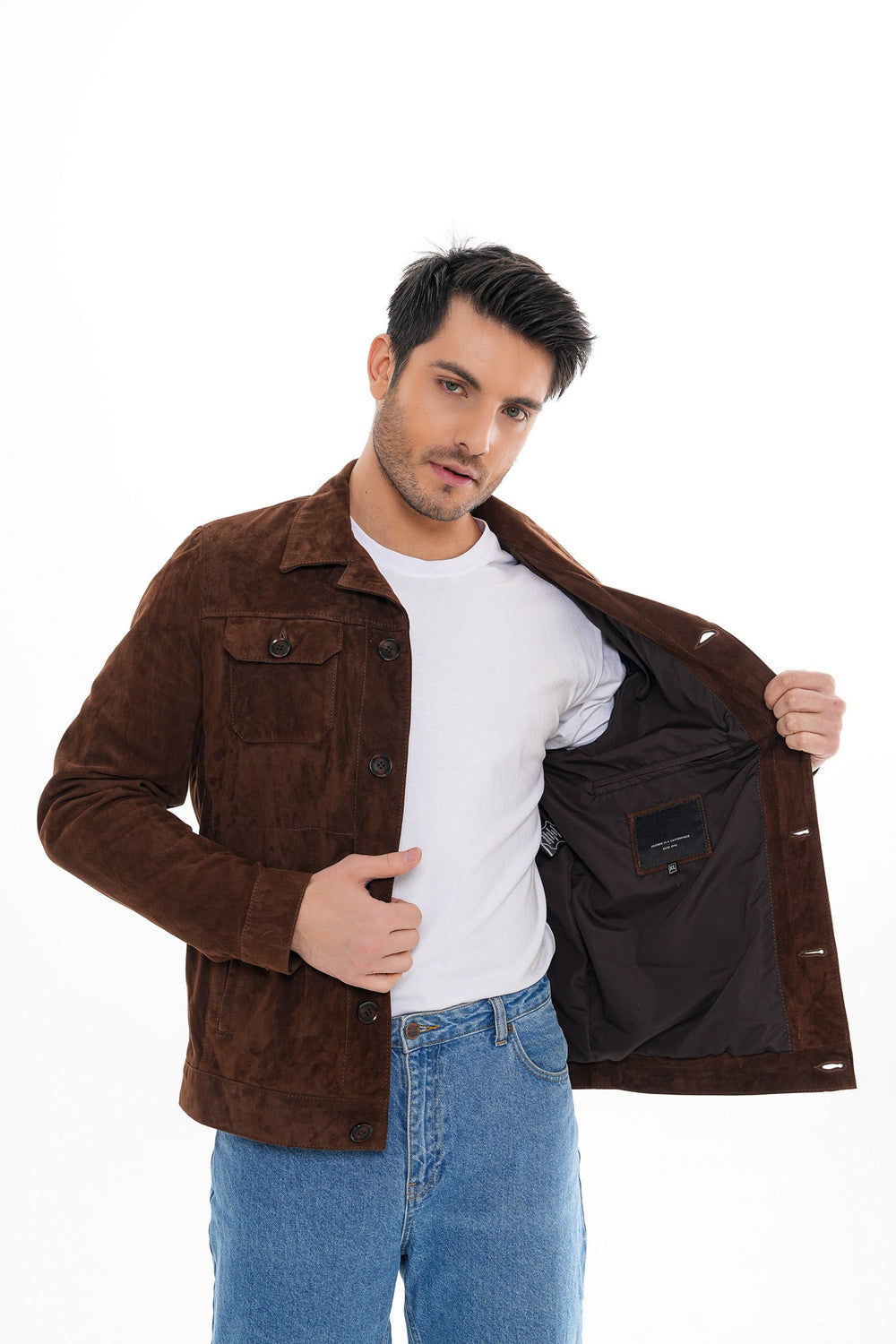 The Azzuro Suede Brown Leather Jacket - Vinci Leather