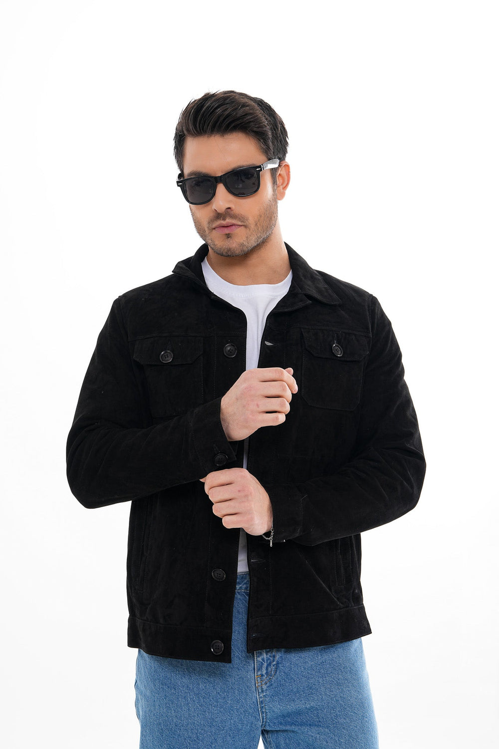 The Azzuro Suede Black Leather Jacket - Vinci Leather