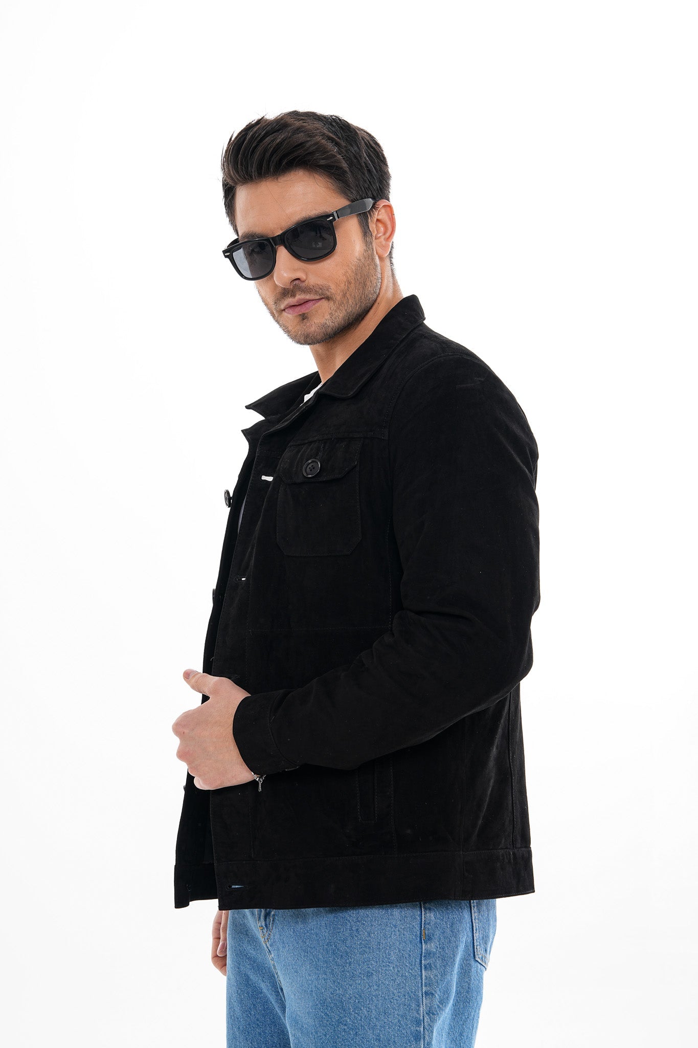 The Azzuro Suede Black Leather Jacket - Vinci Leather