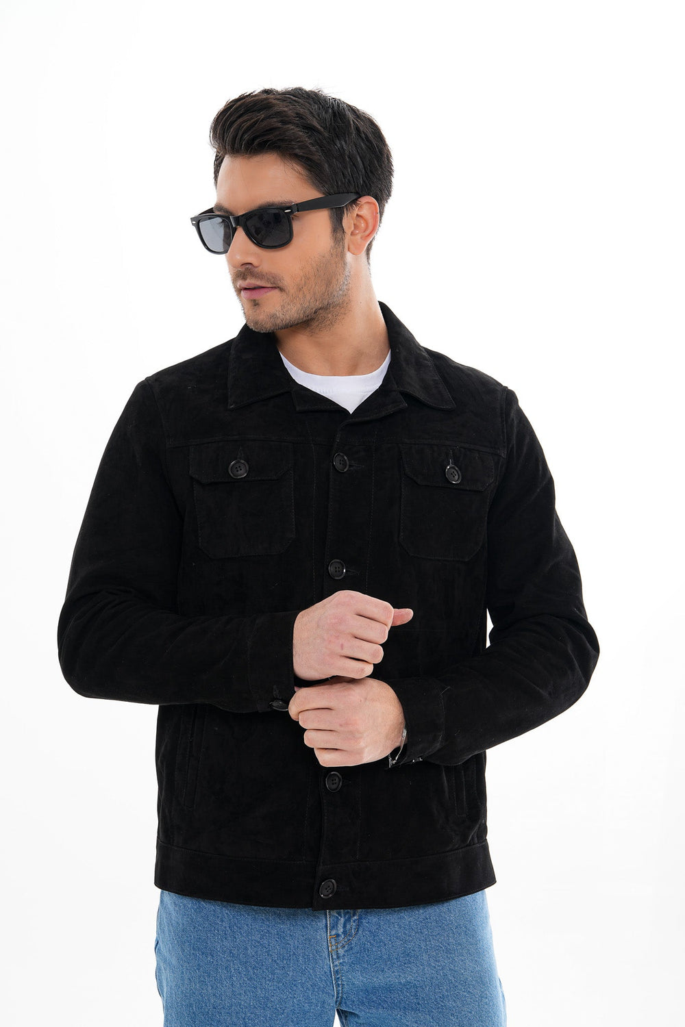 The Azzuro Suede Black Leather Jacket - Vinci Leather