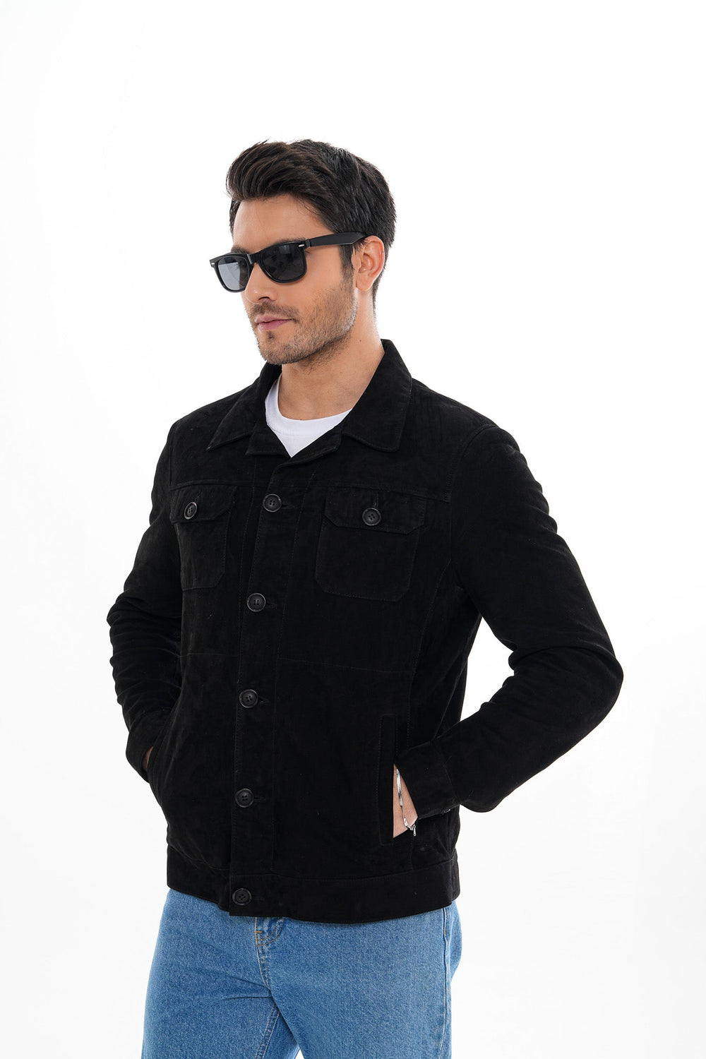 The Azzuro Suede Black Leather Jacket - Vinci Leather