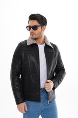 The Sarnico Black Shearling Collar Leather Jacket - Vinci Leather