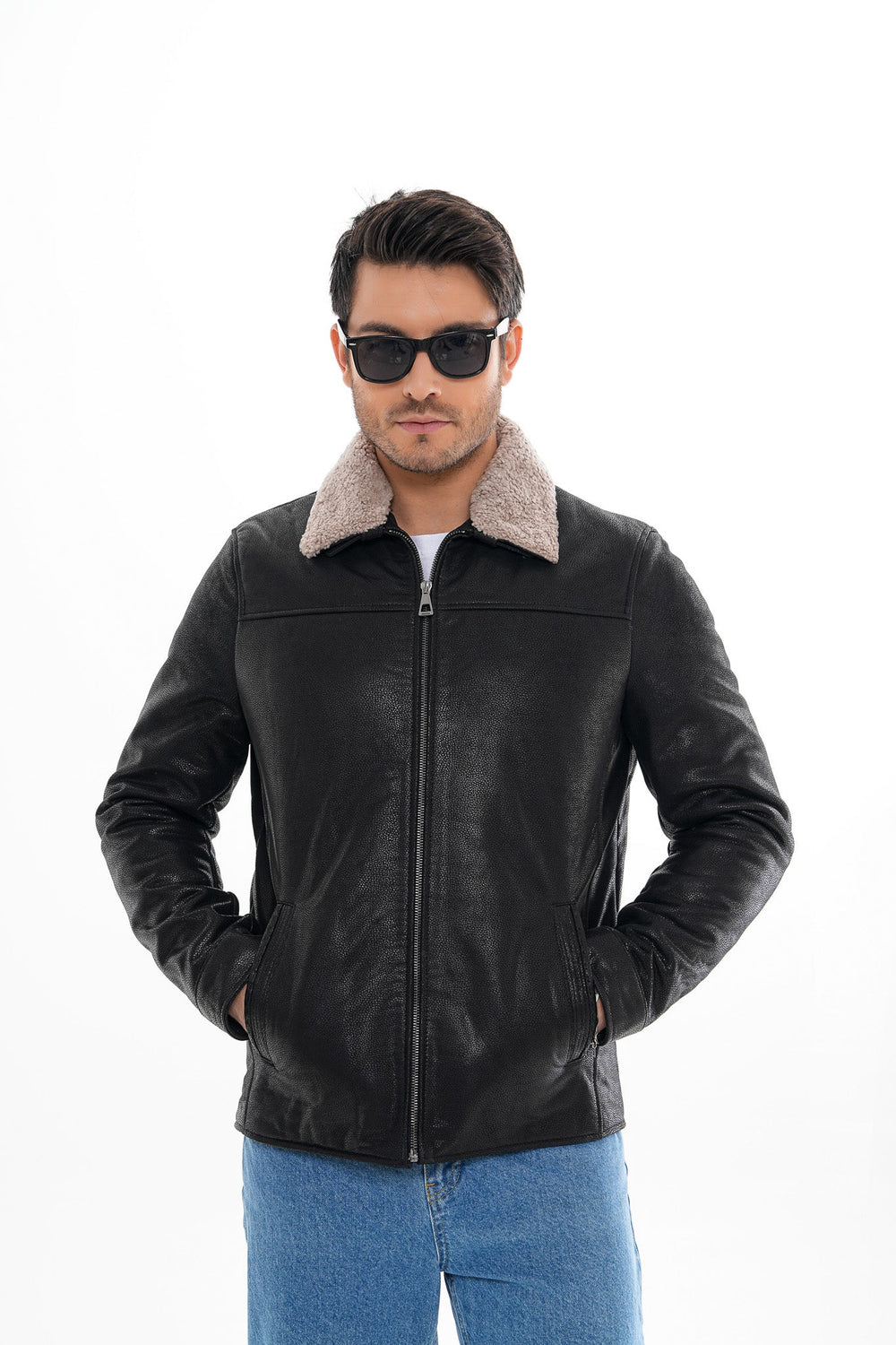 The Sarnico Black Shearling Collar Leather Jacket - Vinci Leather