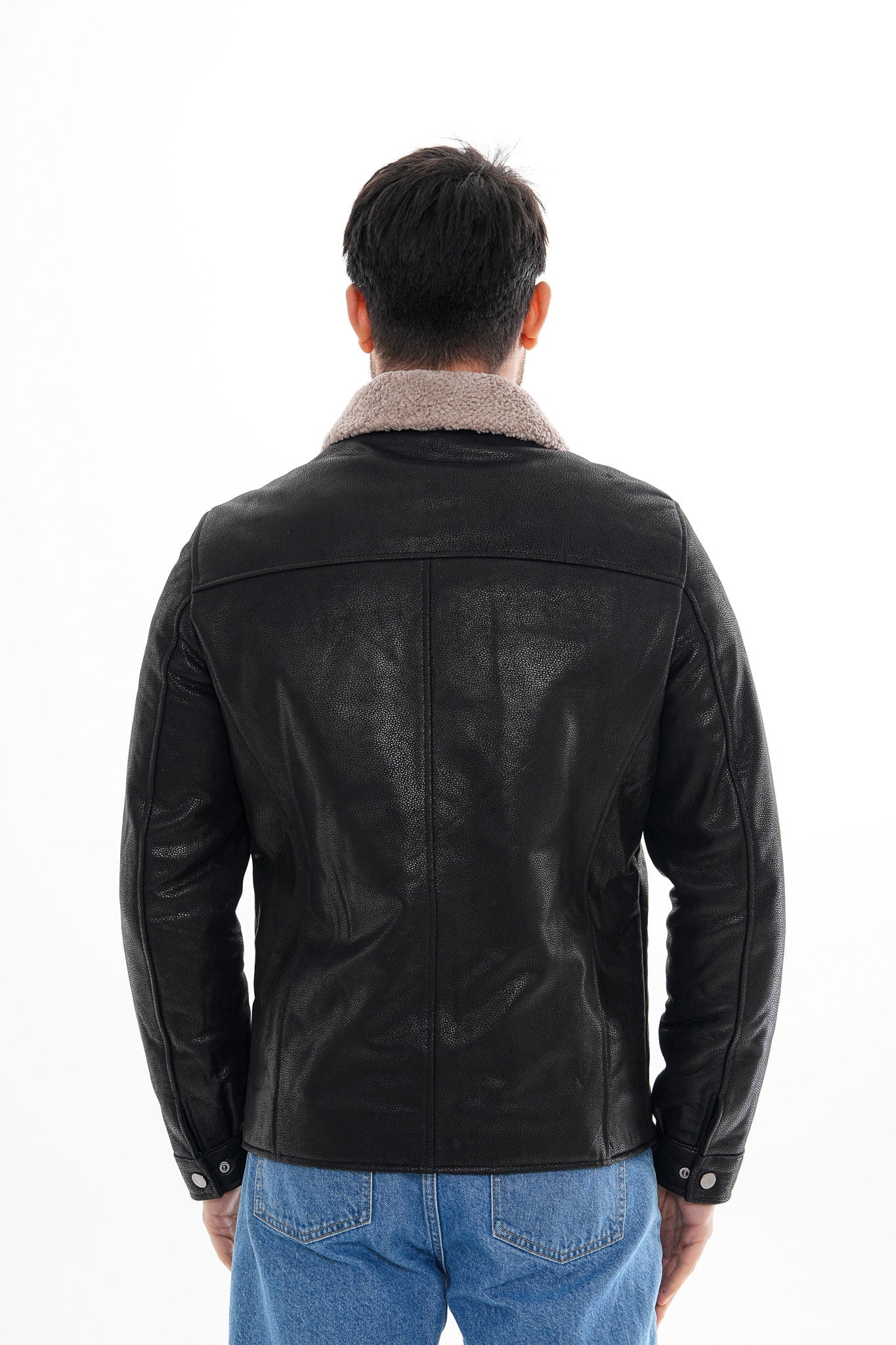 The Sarnico Black Shearling Collar Leather Jacket - Vinci Leather