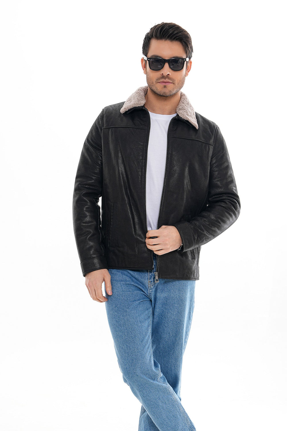 The Sarnico Black Shearling Collar Leather Jacket - Vinci Leather