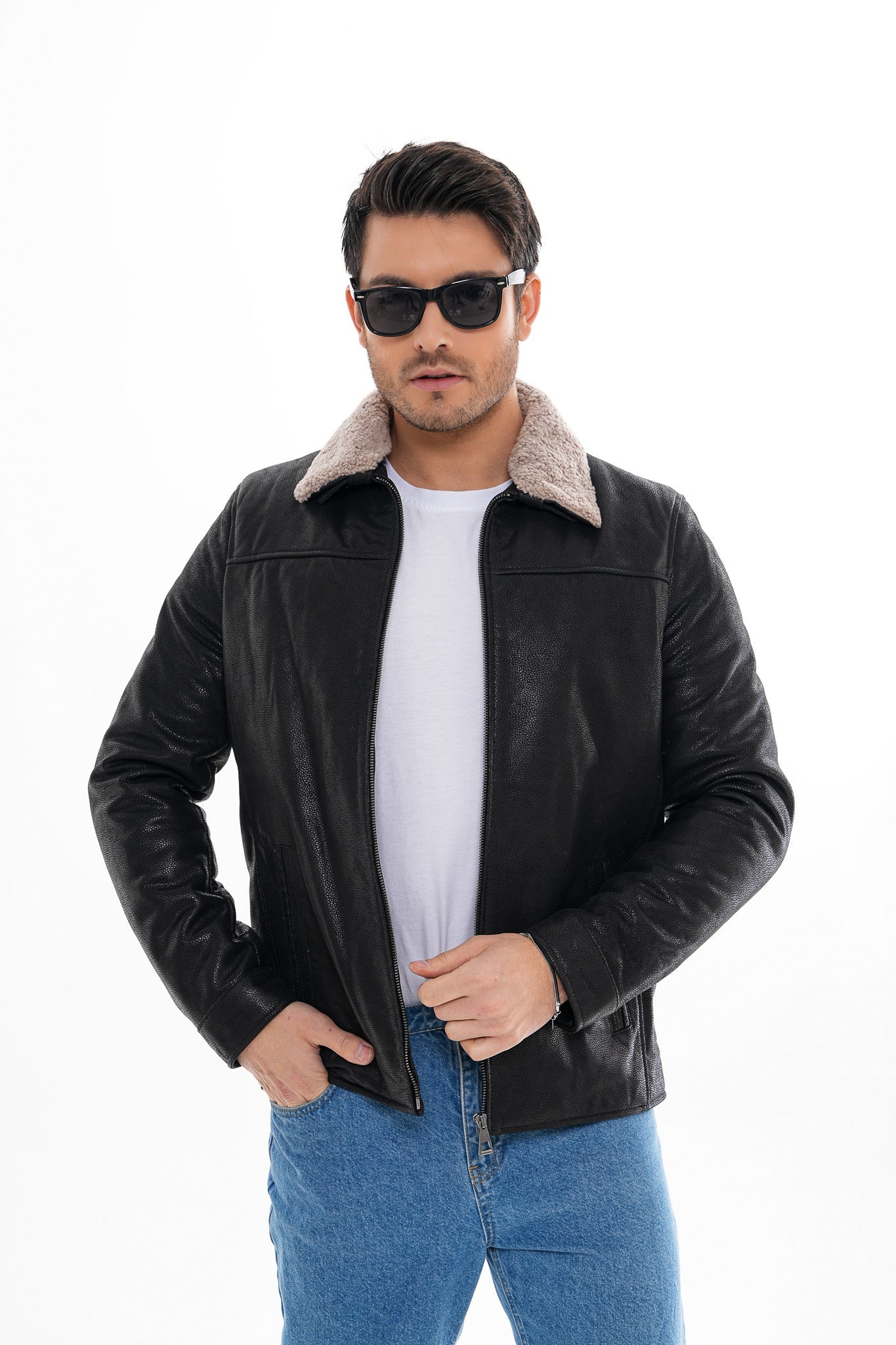 The Sarnico Black Shearling Collar Leather Jacket - Vinci Leather