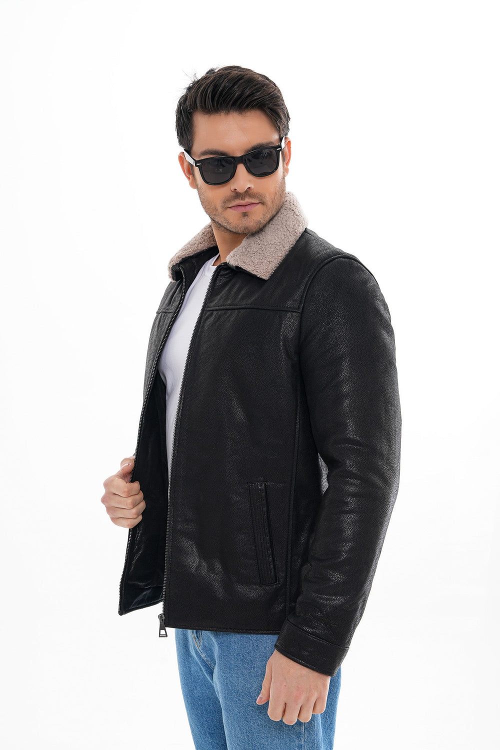The Sarnico Black Shearling Collar Leather Jacket - Vinci Leather
