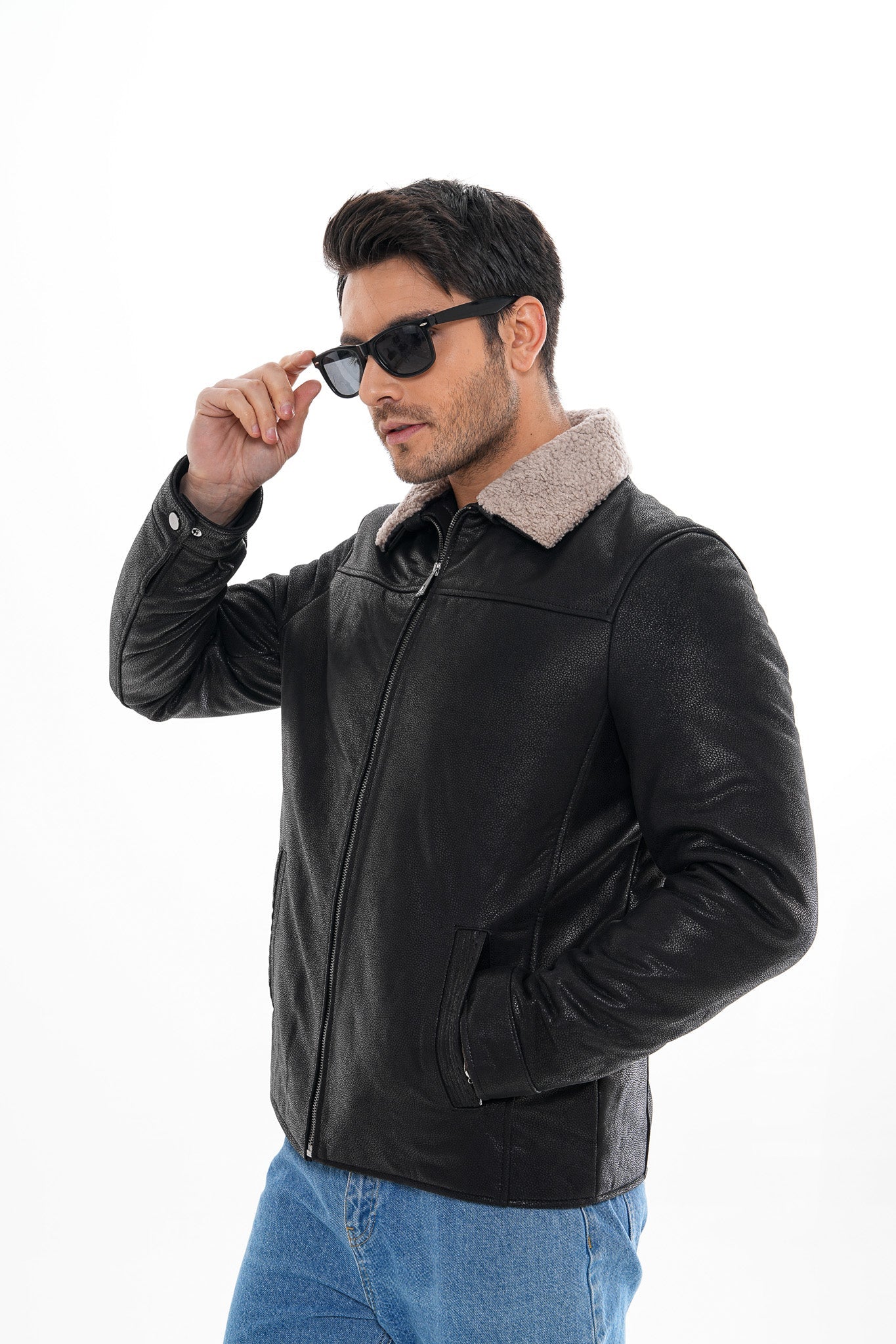 The Sarnico Black Shearling Collar Leather Jacket - Vinci Leather