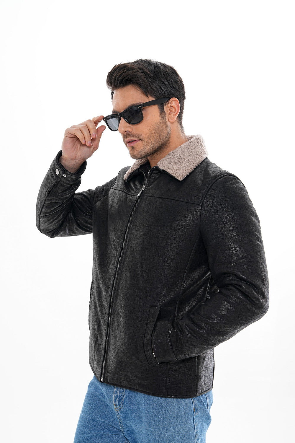 The Sarnico Black Shearling Collar Leather Jacket - Vinci Leather