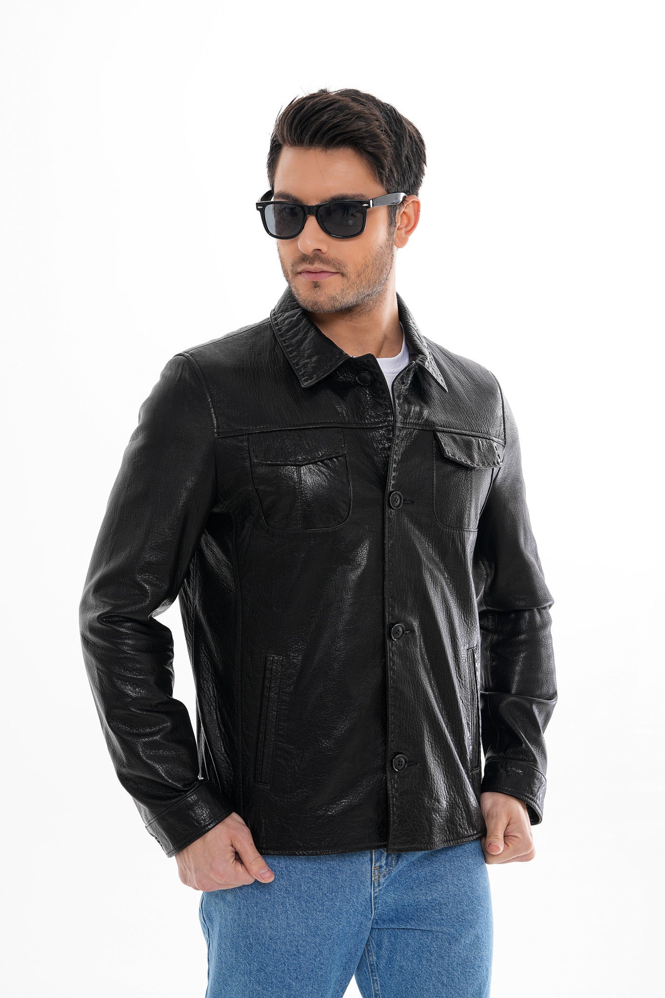 The Mantua Black Pebbled Leather Jacket - Vinci Leather