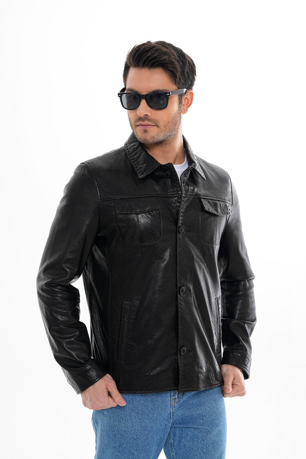 The Mantua Black Pebbled Leather Jacket - Vinci Leather