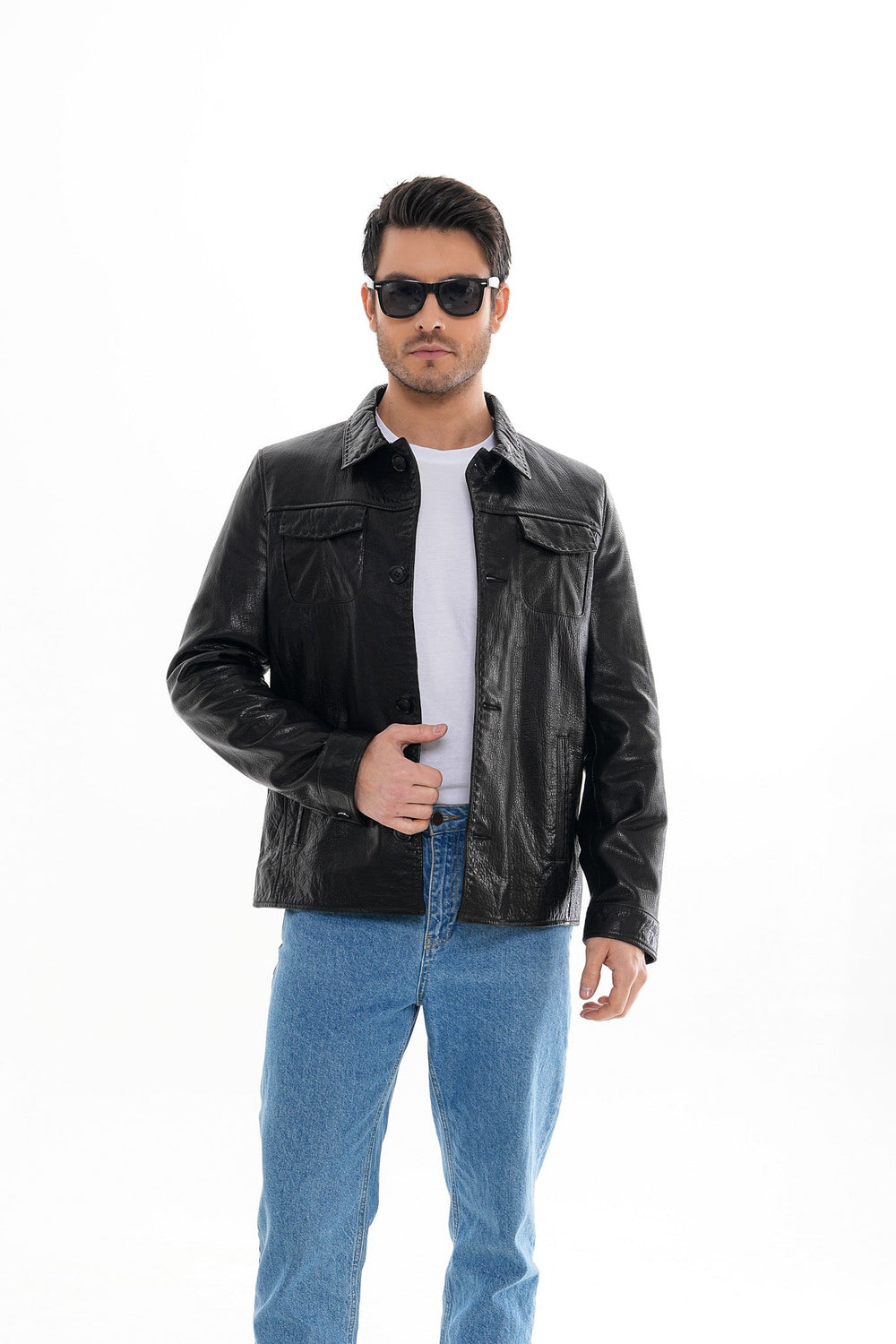 The Mantua Black Pebbled Leather Jacket - Vinci Leather
