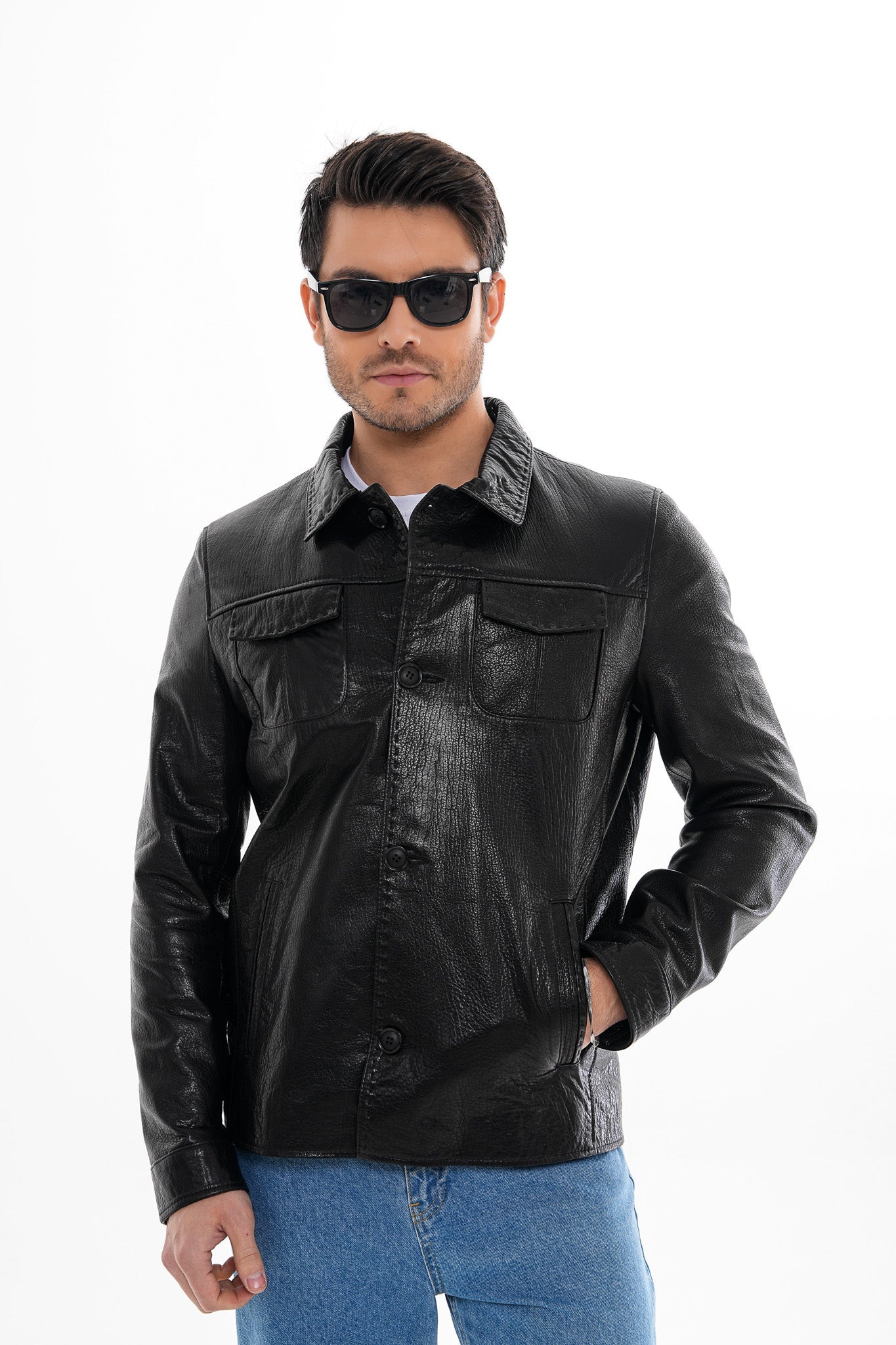 The Mantua Black Pebbled Leather Jacket - Vinci Leather