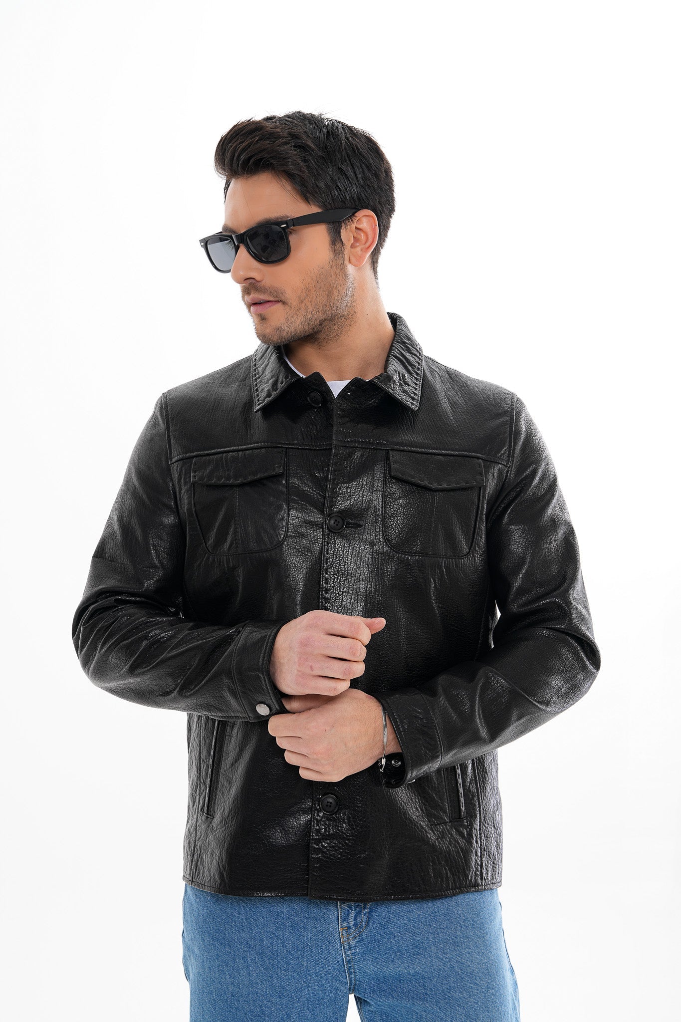 The Mantua Black Pebbled Leather Jacket - Vinci Leather