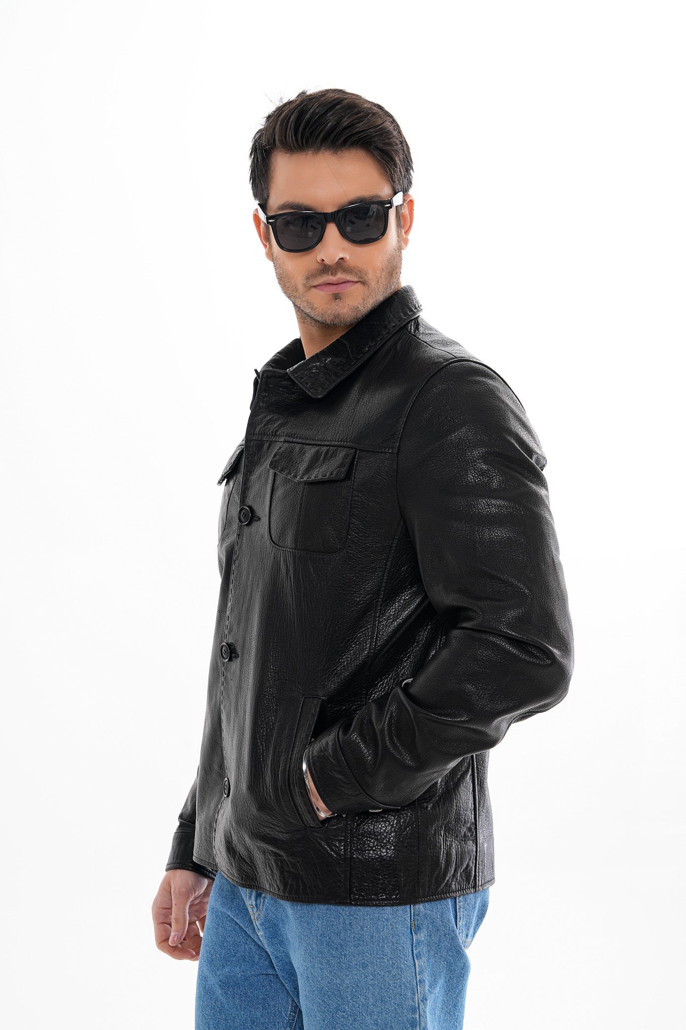 The Mantua Black Pebbled Leather Jacket - Vinci Leather