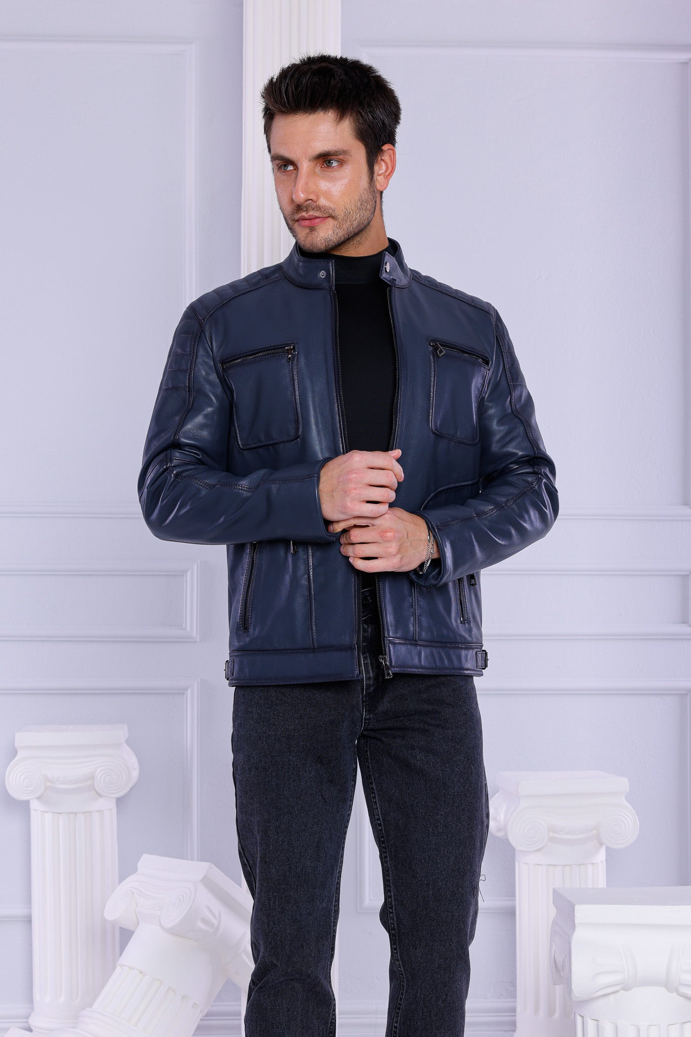 The Argento Navy Blue Leather Jacket - Vinci Leather