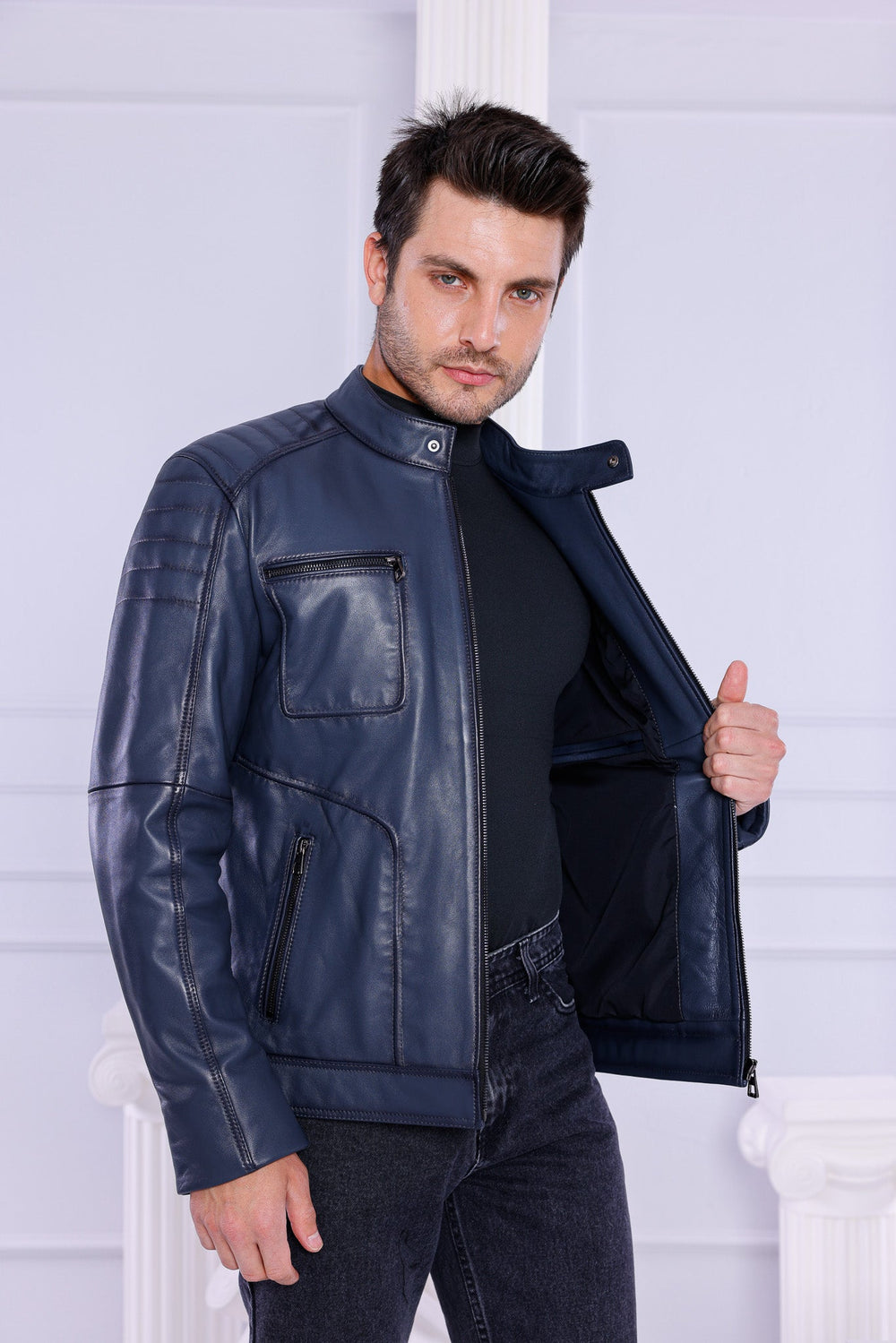 The Argento Navy Blue Leather Jacket - Vinci Leather