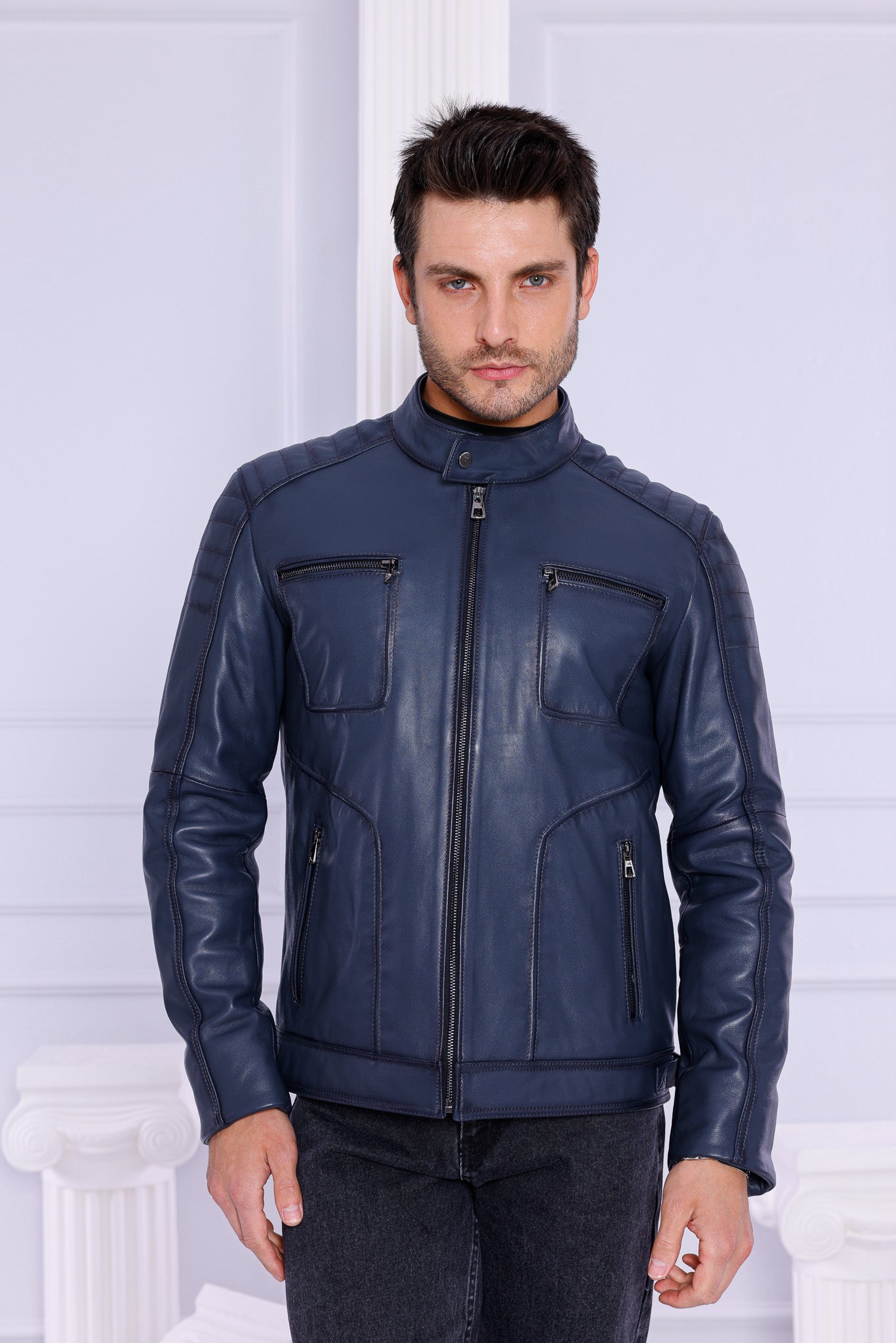 The Argento Navy Blue Leather Jacket - Vinci Leather