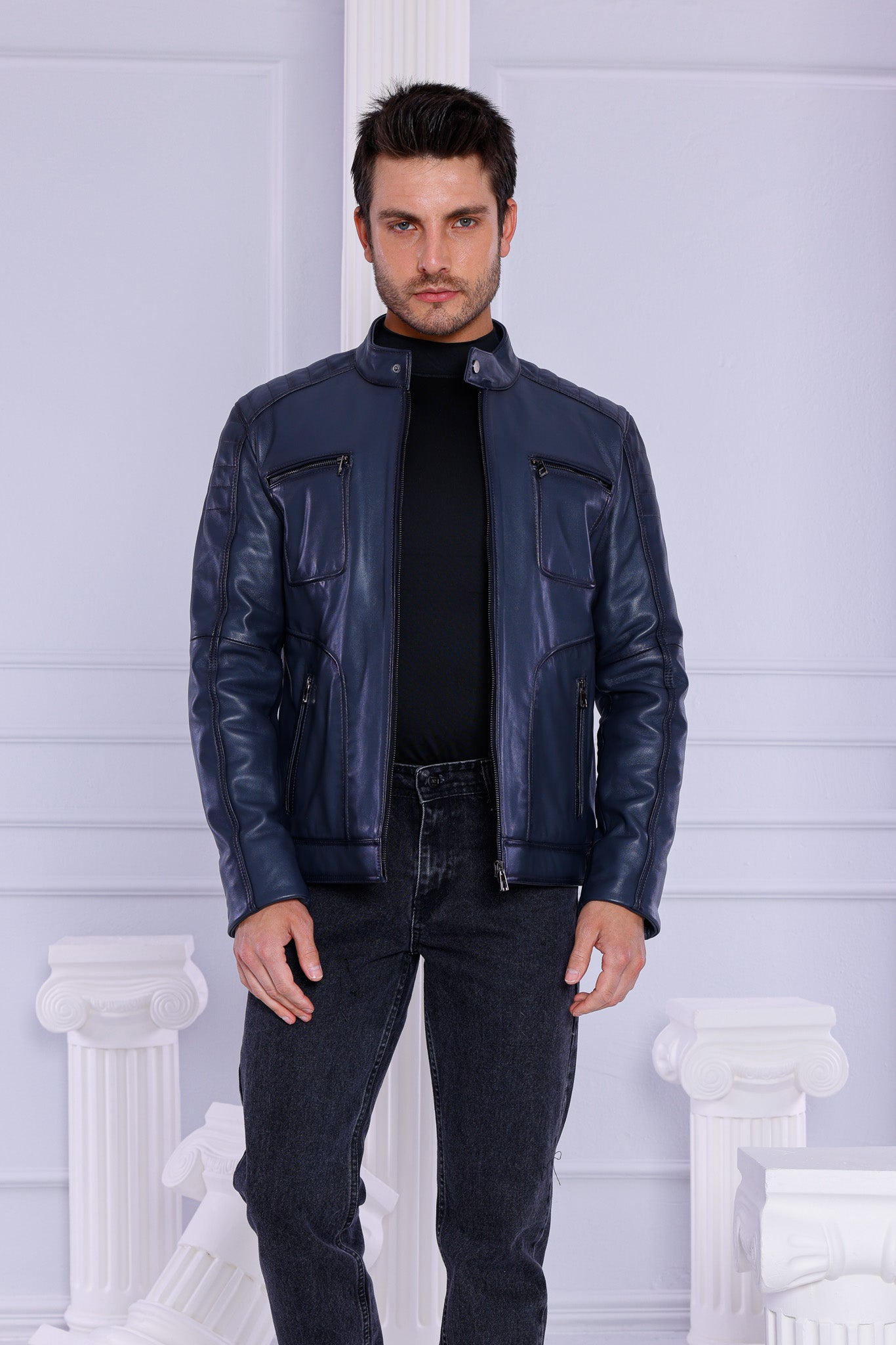 The Argento Navy Blue Leather Jacket - Vinci Leather