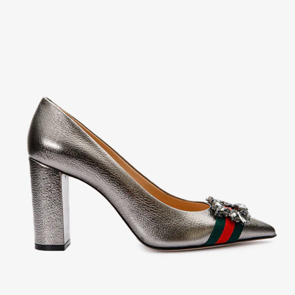 The Afega Silver Leather Block Heel Pump Shoe - Vinci Leather