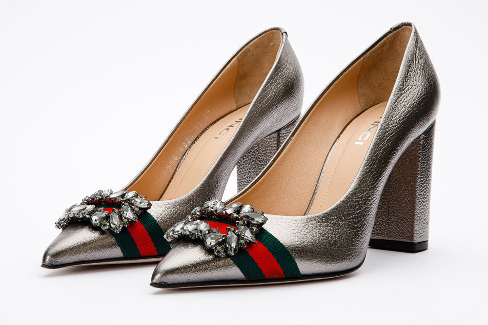 The Afega Silver Leather Block Heel Pump Shoe - Vinci Leather