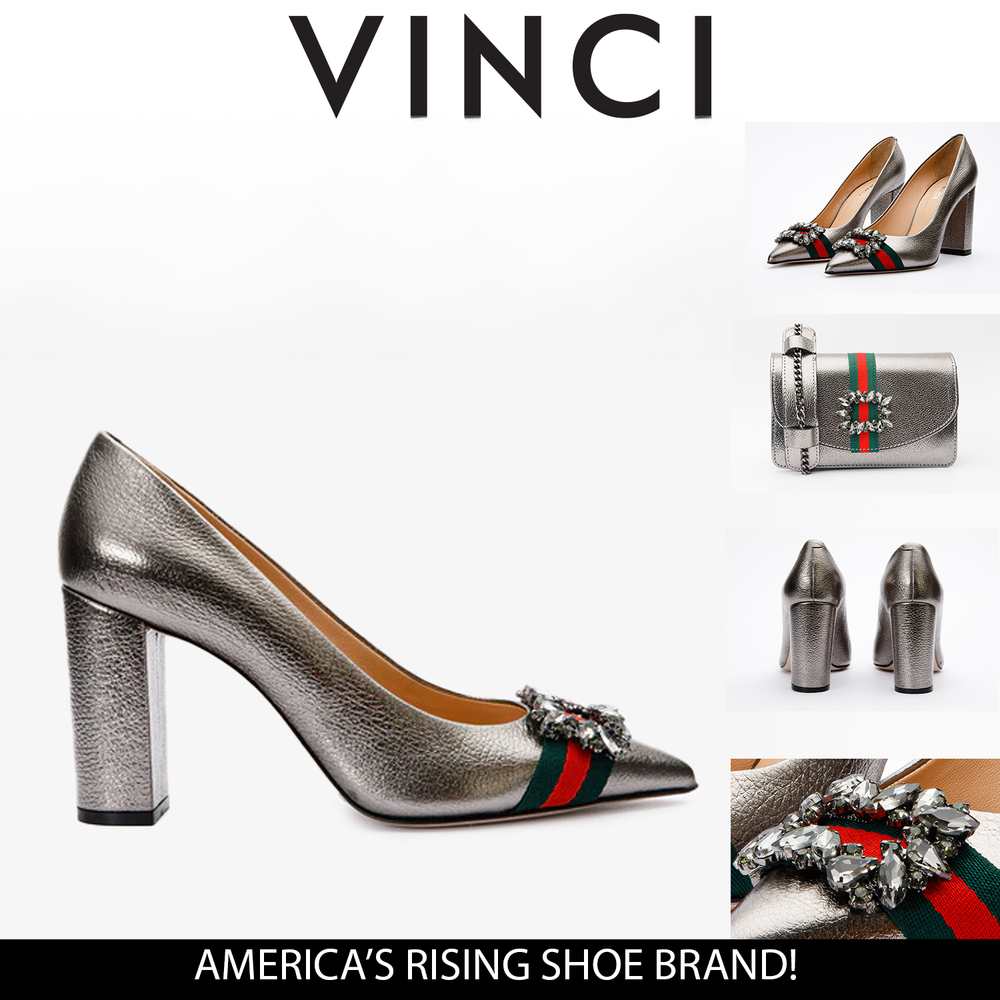 The Afega Silver Leather Block Heel Pump Shoe - Vinci Leather