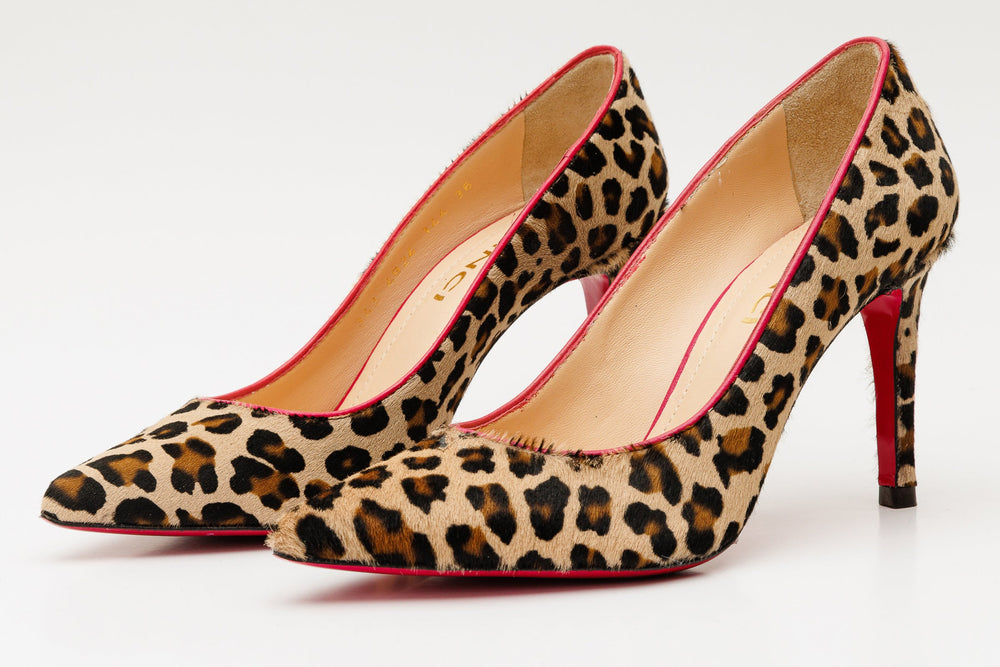 The Olbia Leopard Leather Pump Fuchsia Sole Shoe - Vinci Leather