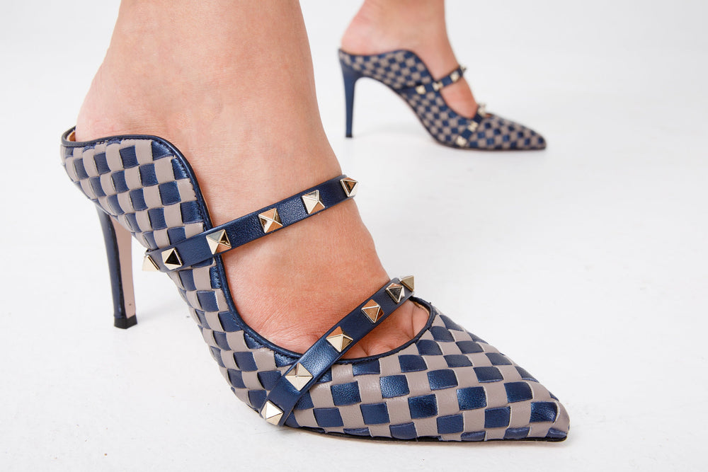 The Dosso Navy Blue Handwoven Pointy Toe Leather Sandal - Vinci Leather