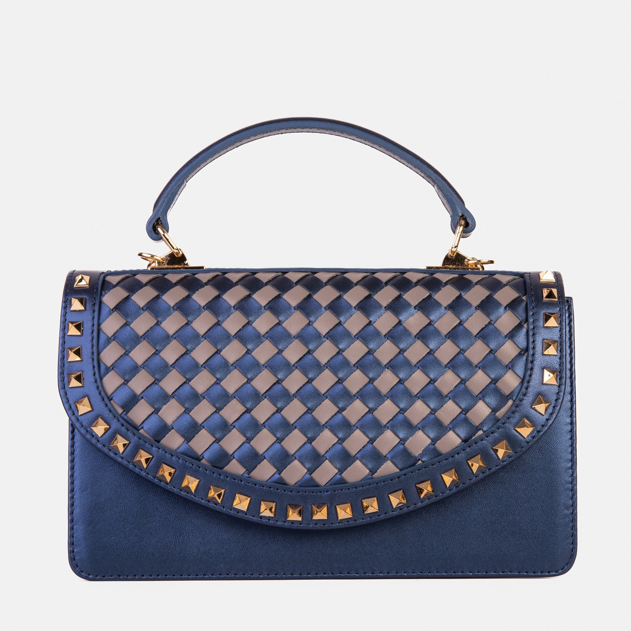 The Dosso Navy Blue and Beige Handwoven Leather Handbag - Vinci Leather