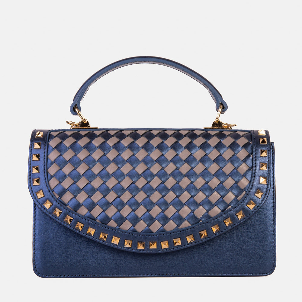 The Dosso Navy Blue and Beige Handwoven Leather Handbag - Vinci Leather