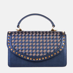 The Dosso Navy Blue and Beige Handwoven Leather Handbag - Vinci Leather