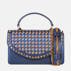 The Dosso Navy Blue and Beige Handwoven Leather Handbag - Vinci Leather