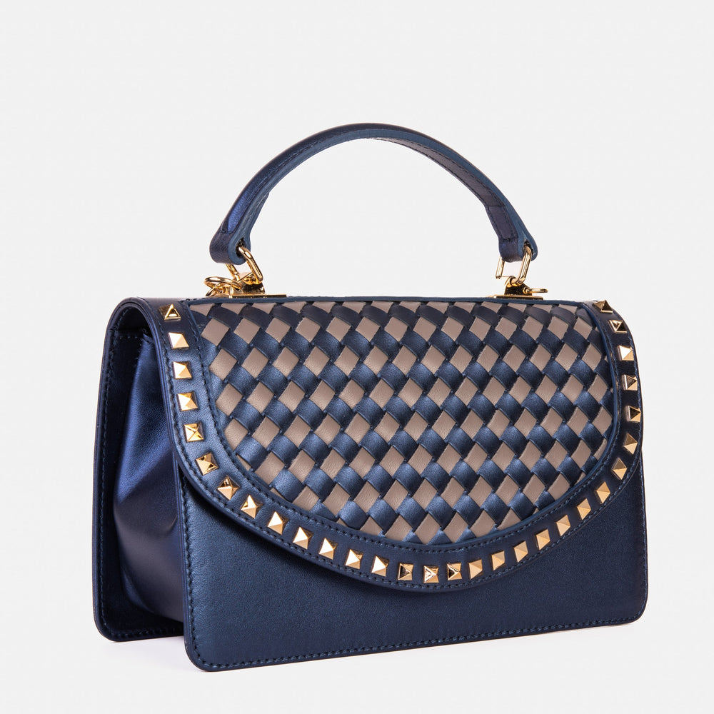 The Dosso Navy Blue and Beige Handwoven Leather Handbag - Vinci Leather