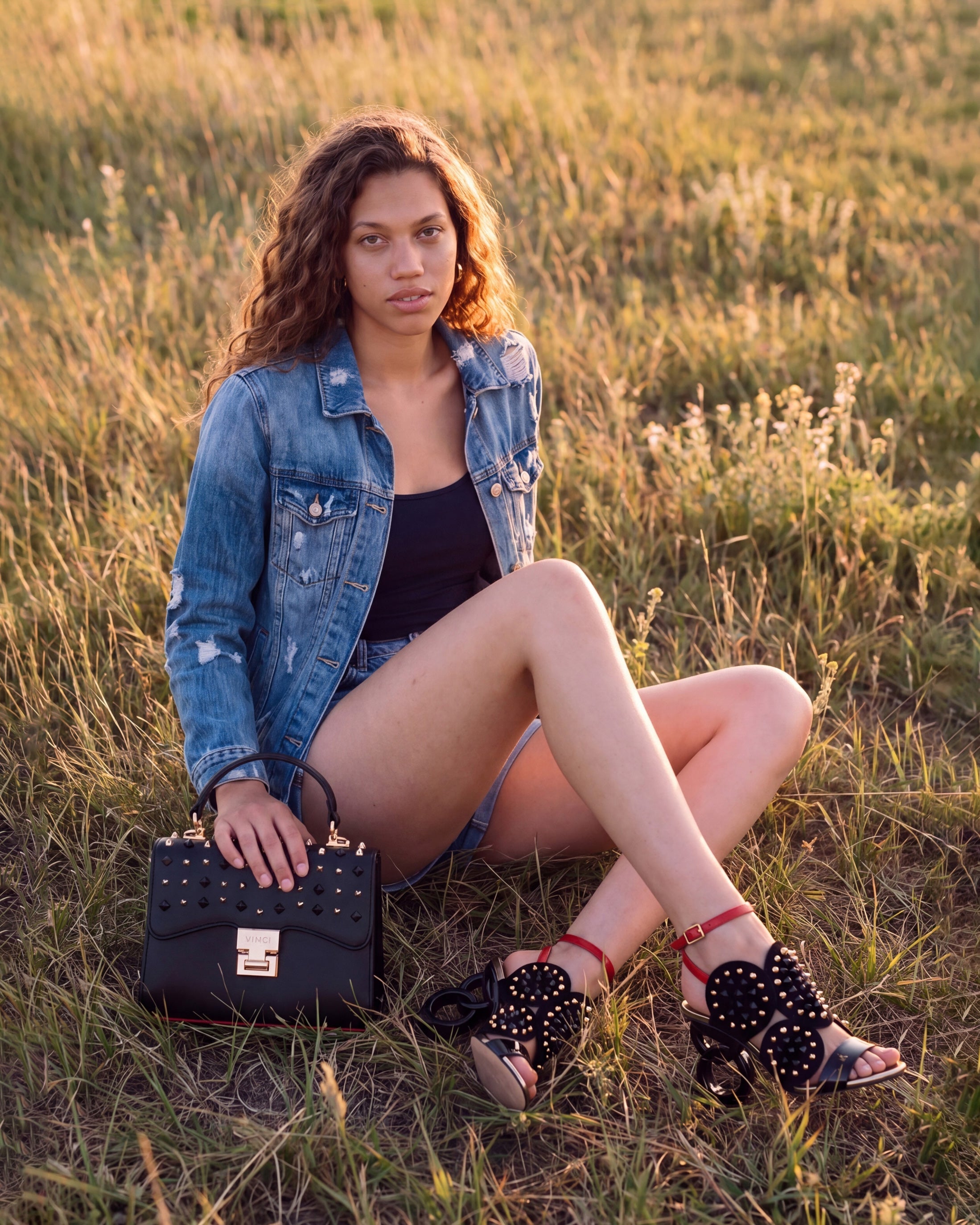The Infanta Black Spike Leather Ankle Strap Sandal - Vinci Leather