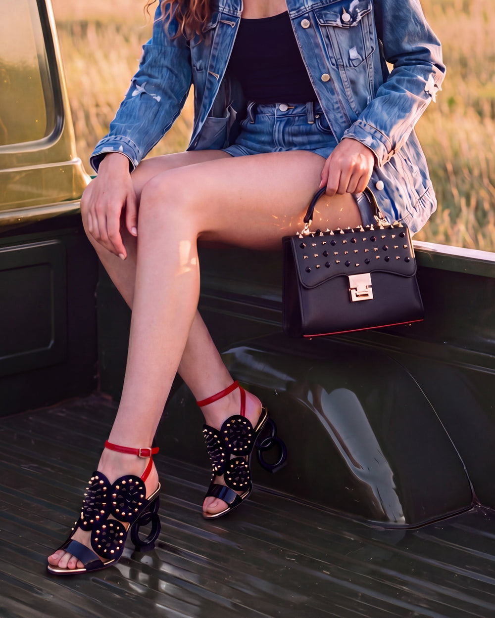 The Infanta Black Spike Leather Ankle Strap Sandal - Vinci Leather
