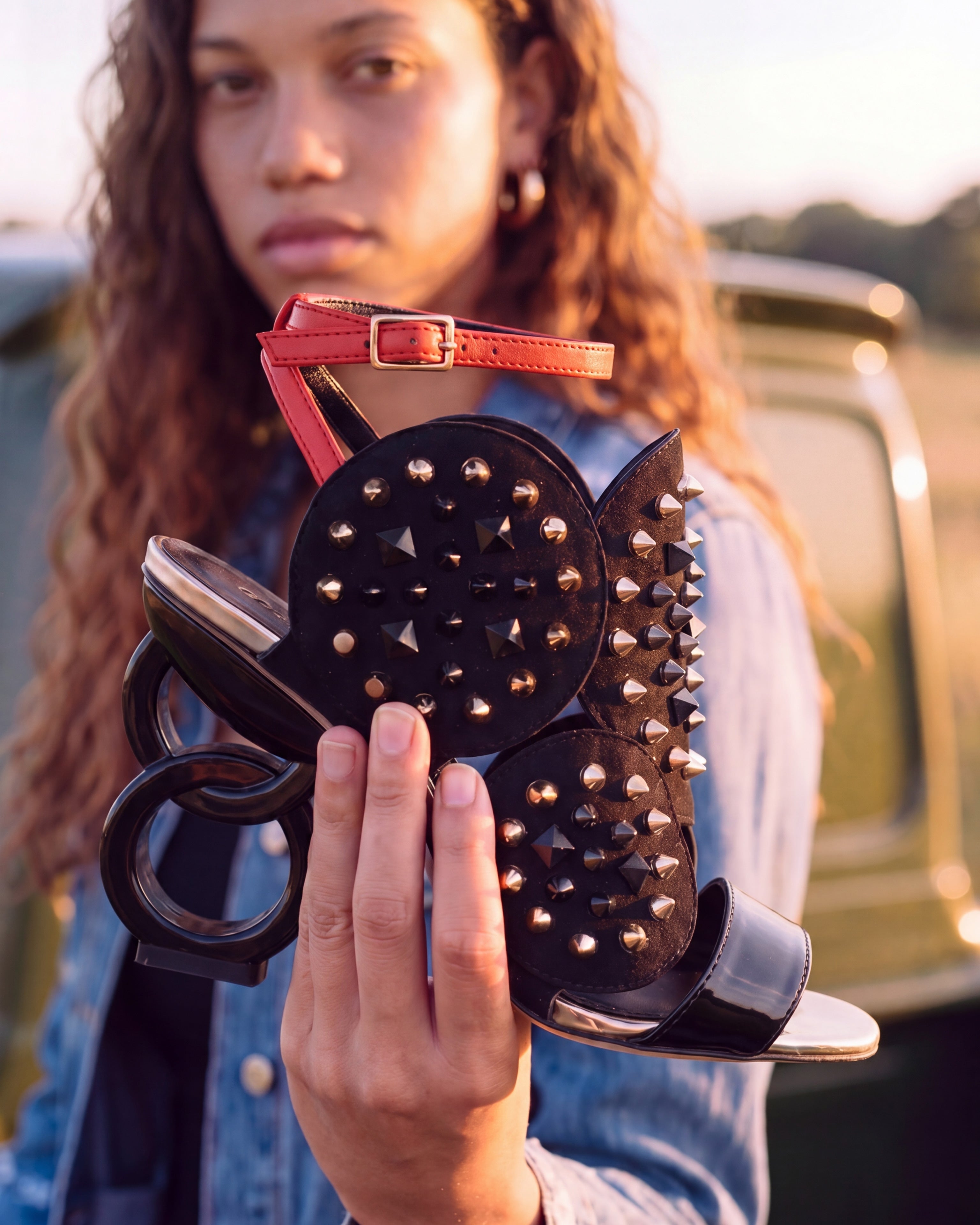 The Infanta Black Spike Leather Ankle Strap Sandal - Vinci Leather