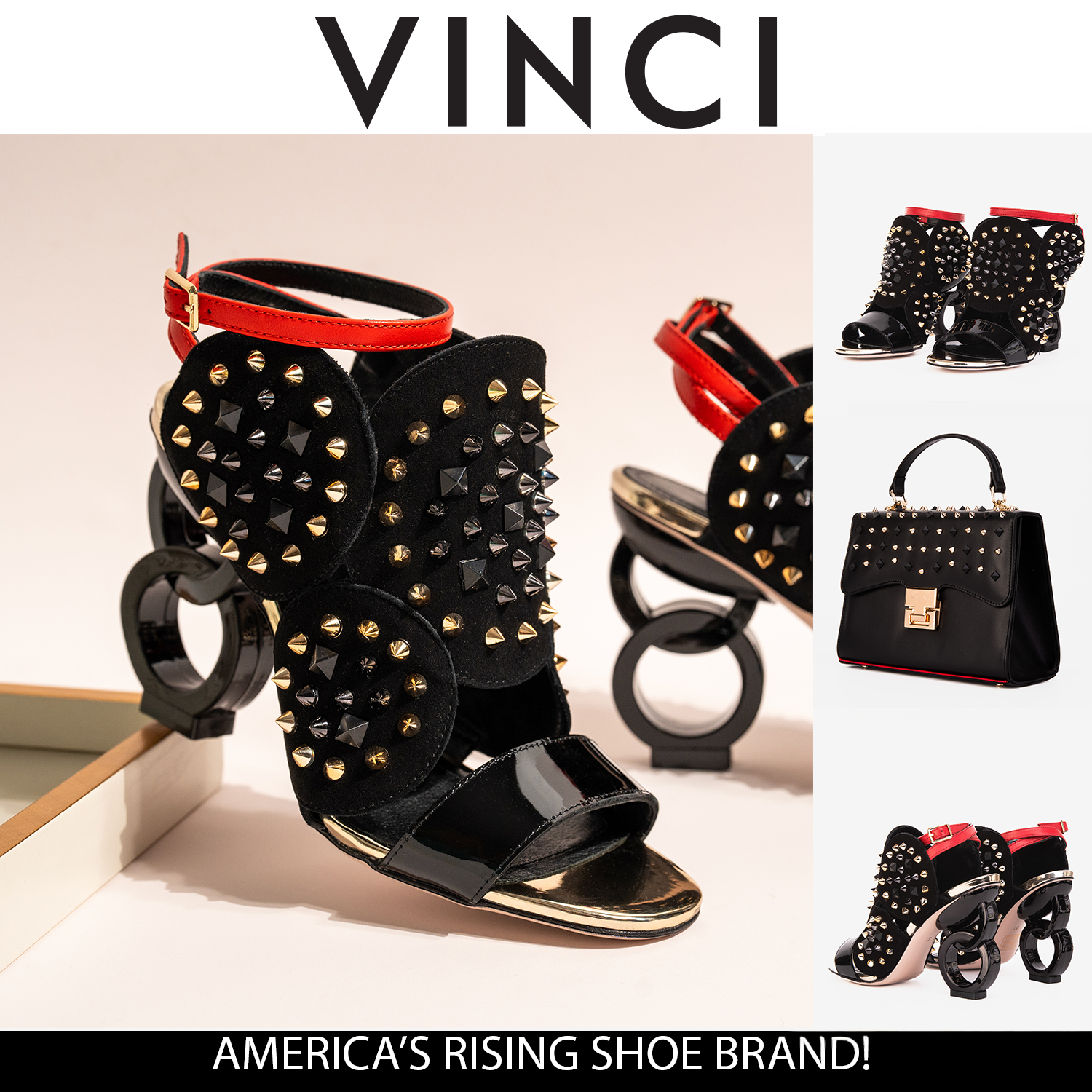 The Infanta Black Spike Leather Ankle Strap Sandal - Vinci Leather