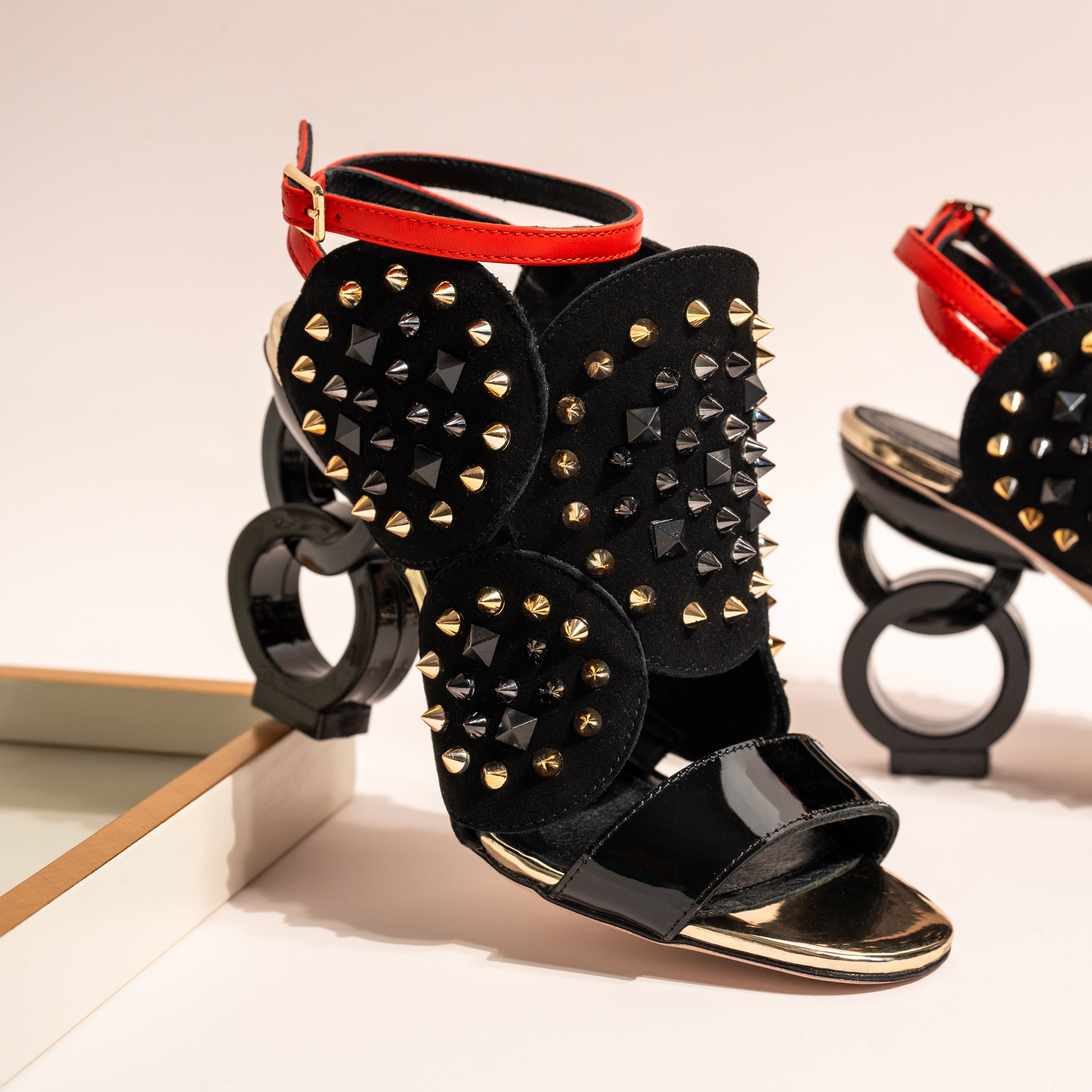 The Infanta Black Spike Leather Ankle Strap Sandal - Vinci Leather