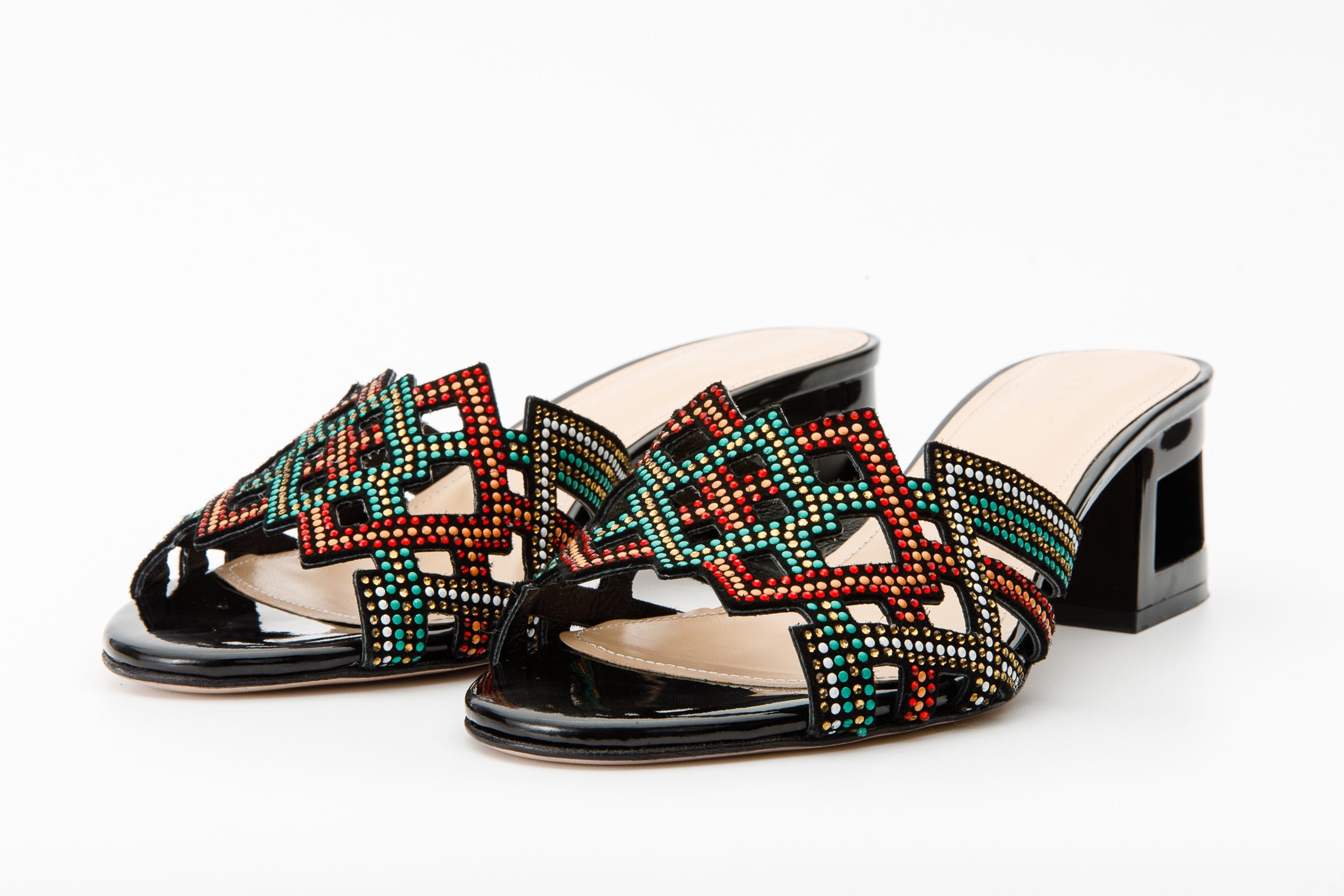 The Palma Black Glitter Leather Block Heel Sandal - Vinci Leather