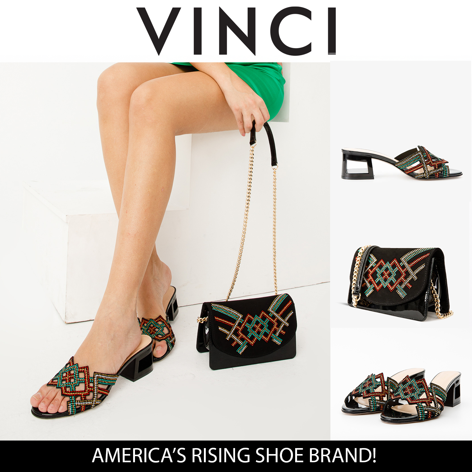The Palma Black Glitter Leather Block Heel Sandal - Vinci Leather